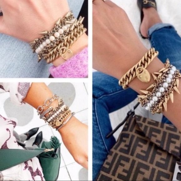 Stella & Dot | Pearl Drop & Hematite Vintage Gold Spiked Jacinthe Bracelet - Picture 10 of 13